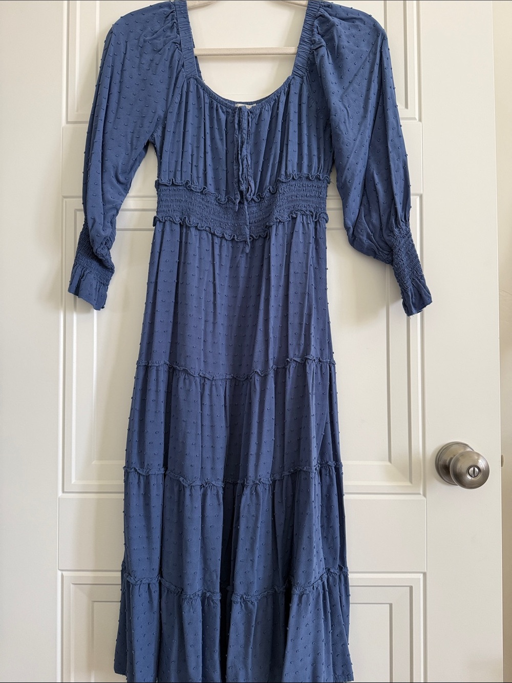 Smocked Waist Blue Midi Dress with Scoop Neck
